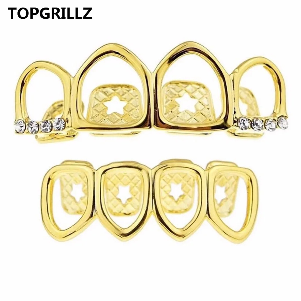 Набор гриля TOPGRILLZ золотого цвета четыре полнолицевых полых зуба топ с фианитами и