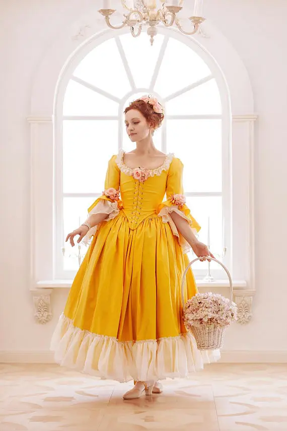 Rococo период 18th век желтый цветок платье с нижней юбкой и встроенный лиф-корсет
