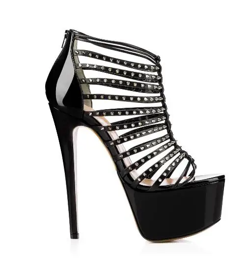 

Sexy Black Patent Leather Rivets Strappy Sandals Peep Toe High Platform Cut-out Hollow Dress Shoes Thin Heels Ladies Pumps
