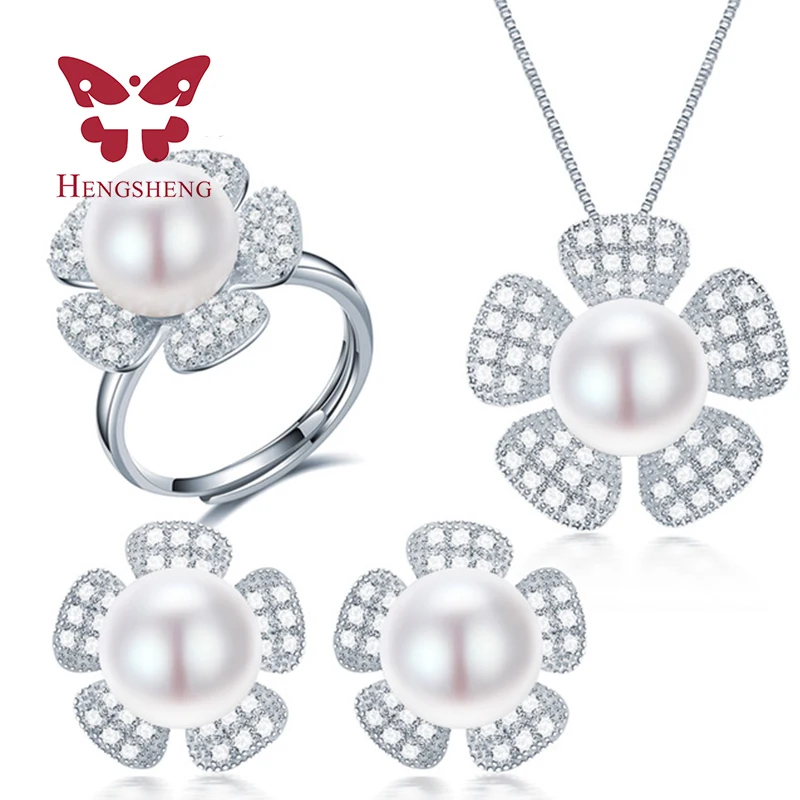 100% Genuine Freshwater Pearl Pendant Ring and Earrings Set For Wedding Jewelry...
