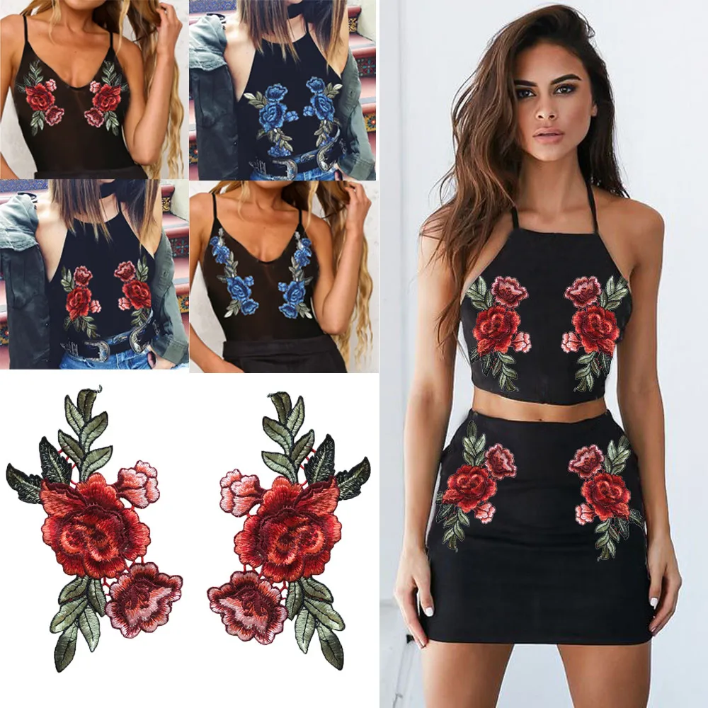 2PC DIY Flower Patches Big Stickers Clothing Embroidery Embroidered Roses Floral Collar Sew Patch Sticker Applique Badge