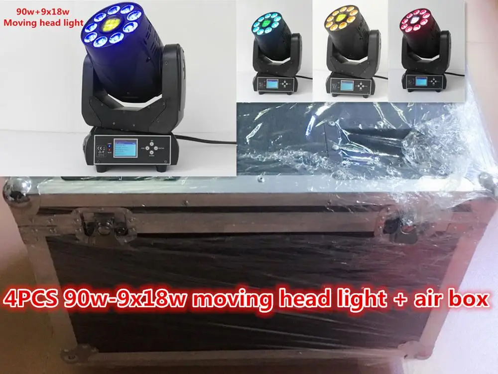 Кейс для полета + 4 шт. 90 Вт светодиодный движущийся головной свет 9x18 LED WASH RGBWA UV 6 в 1