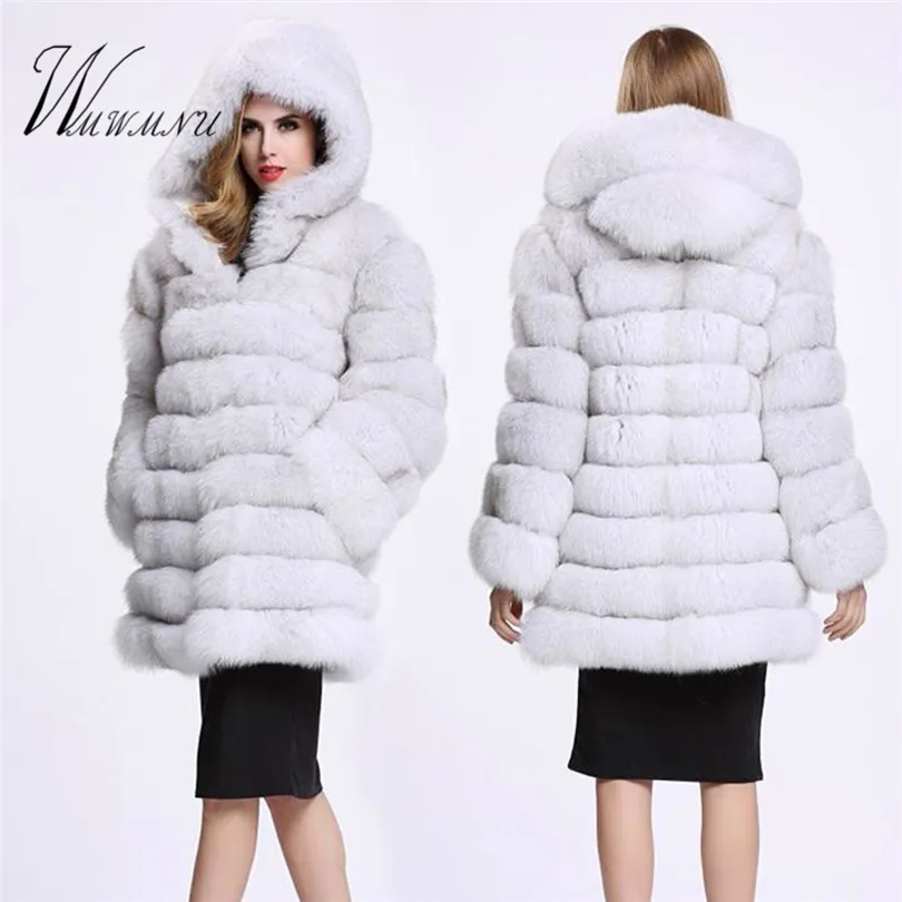 

Winter warm Faux Fox Fur Overcoat women Luxury long fur coat with hood 2020 Elegant high quality thicken Plus size fluffy jacket