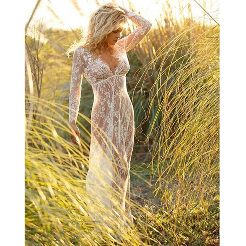 Lace dress white sexy deep V-neck long-sleeved perspective Trailing 2018 new | Женская одежда
