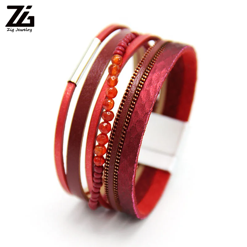 ZG натуральный камень женский кожаный браслет Pulseira многослойный браслет с магнитной пряжкой Женская мода