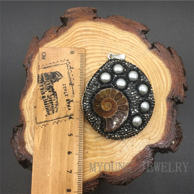 

Fashion Oval Conch fossil Charm Pendant Paved Rhinestone and Pearl For Necklace Jewelry MY1311