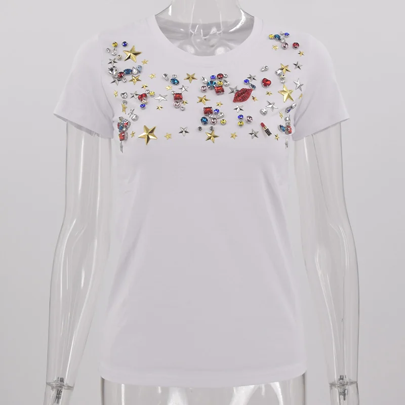 

Женская хлопковая футболка с коротким рукавом и круглым вырезом, с блестками