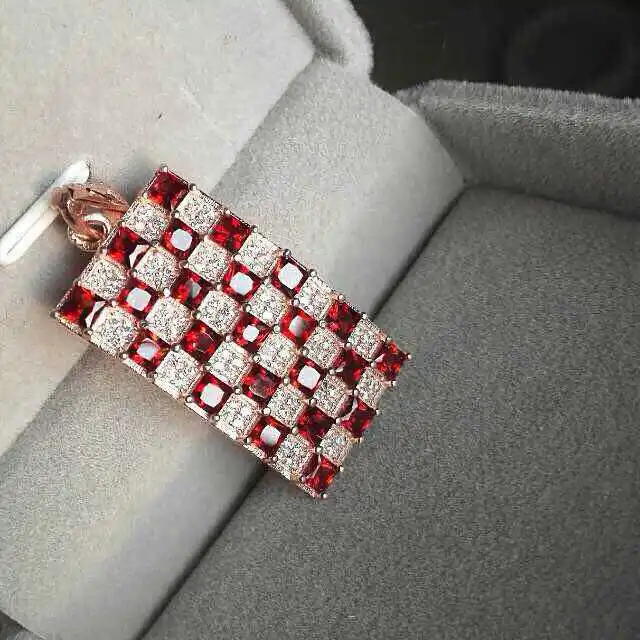 Natural red garnet gem pendant S925 silver Natural gemstone Pendant Necklace trendy large Square women wedding fine jewelry