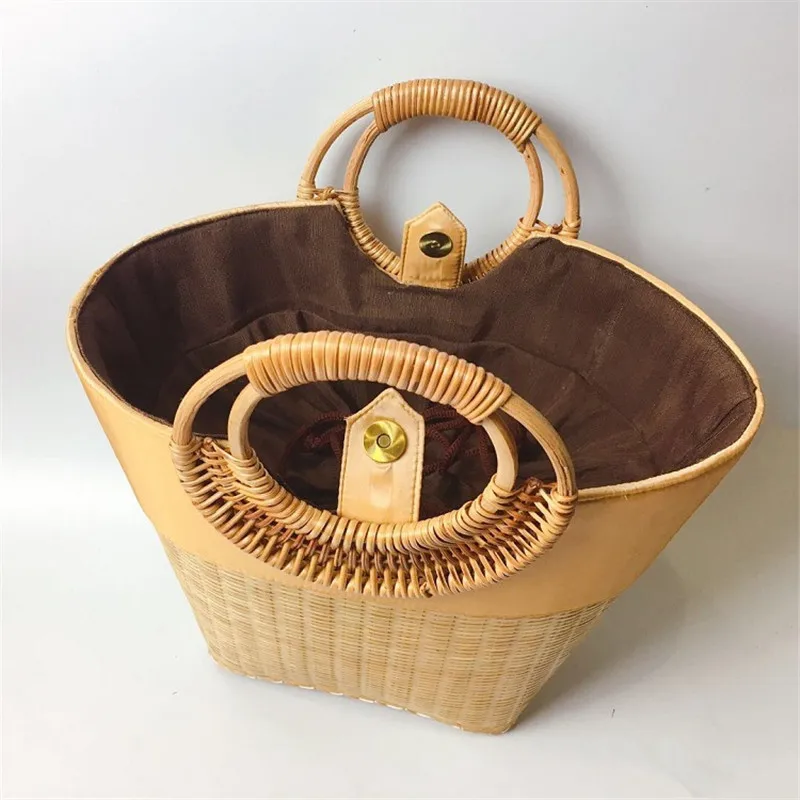 Big Capacity Bamboo Woven Handbag Fashion Shopping Basket Bag Women Handmade Rattan Circle Handle Design Retro Beach | Багаж и сумки