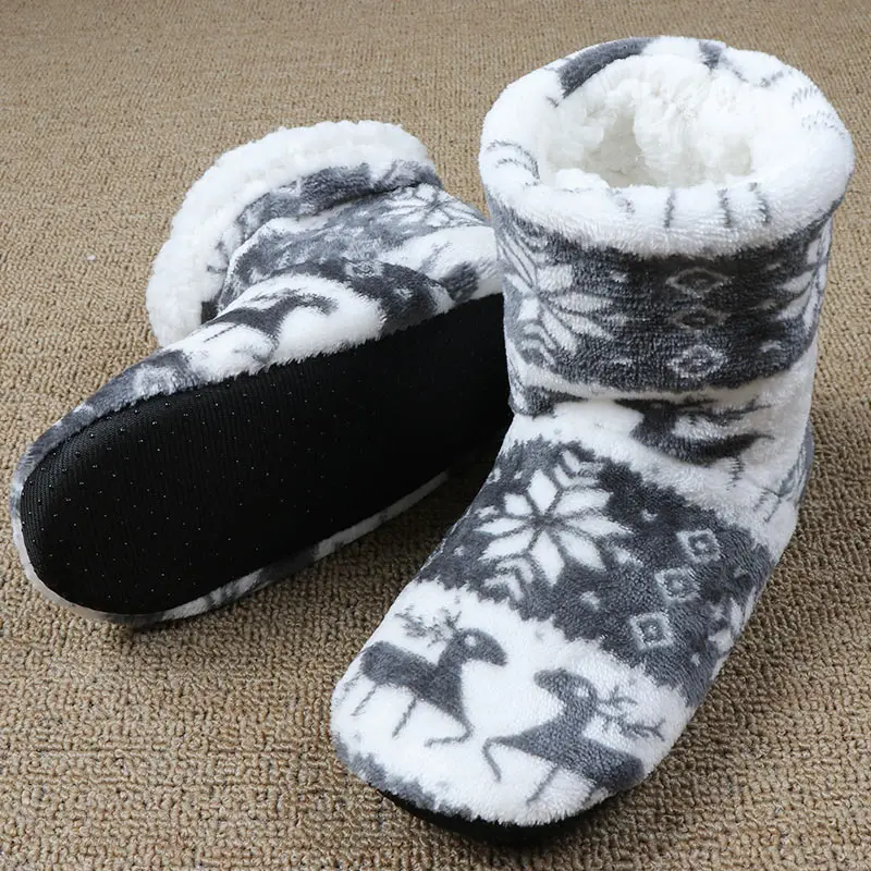Gray Sock Shoes Зимние тапочки; женские домашние тапочки с рождественским оленем; домашние носки; теплые меховые тапочки с плюшевой стелькой; нескользящая подошва - Цвет: Gray Sock Shoes