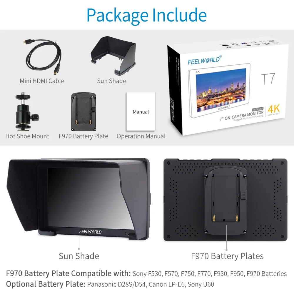 

Feelworld 7 Inch IPS 1920x1200 4K Monitor HDMI Camera Field Monitor Solid Aluminum Housing with Peaking Focus for Sony Nikon T7
