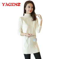 yagenz pullover sweater female medium long autumn winter women knitted sweater half high collar tops ladies inside knit coat 215