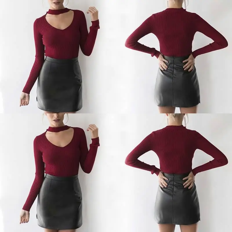 2017 Горячая женщина чокер шеи Эластичный Тощий блузка черный/белый/красный/серый