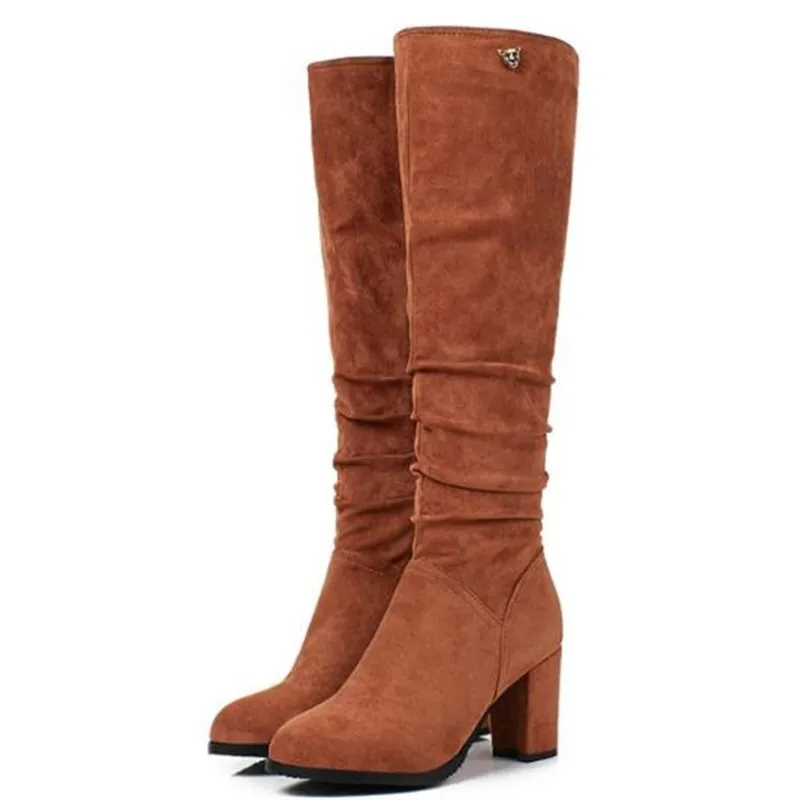 Women Boots Autumn and winter New style fashion Suede Round head Coarse heel knee length High Boots plus size 34-43
