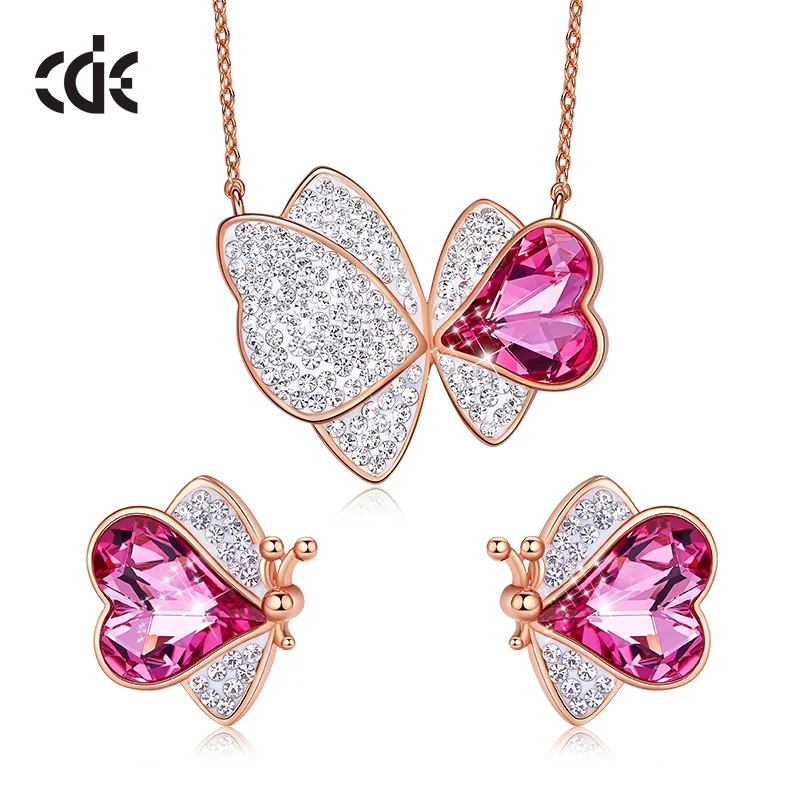 Pink Set CDE женский ювелирный набор, украшенный кристаллами Swarovski, ожерелье в виде бабочки, серьги, набор из розового золота, ювелирный набор с цепочкой - Цвет камня: Pink Set