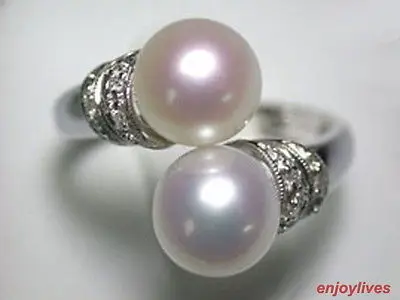 

Double Real White Pearl Beads 18KWGP Crystal Ring Size: 6.7.8.9