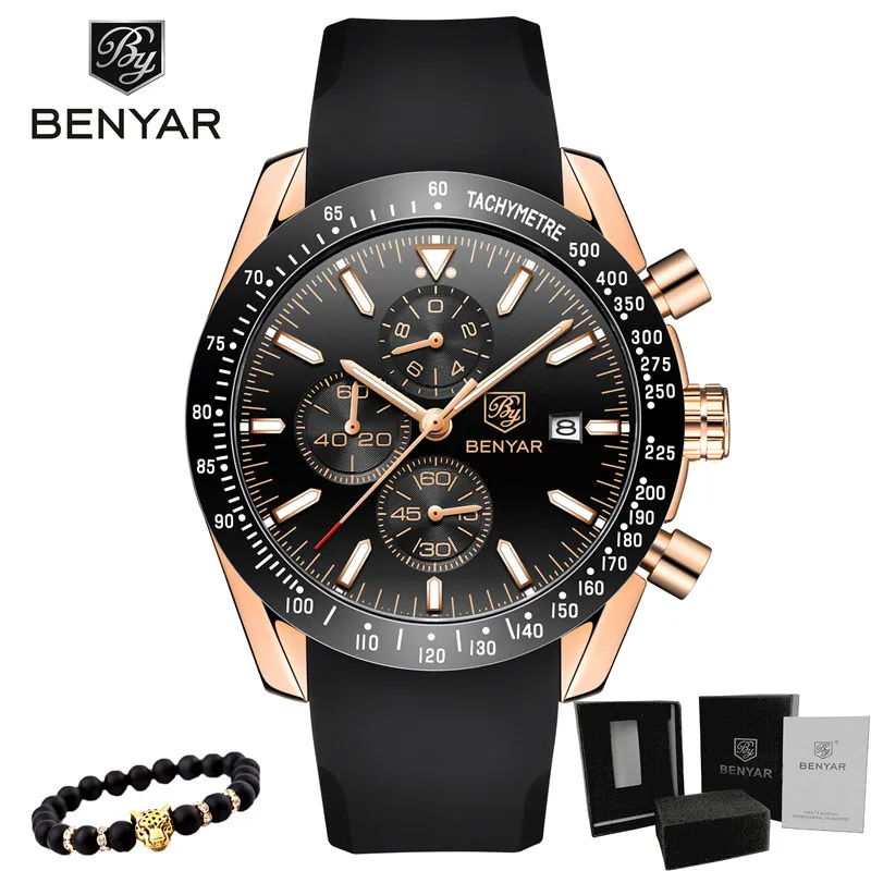 5140-Gold Black Часы мужские роскошные брендовые BENYAR мужские синие часы с силиконовым ремешком наручные часы Мужские часы с хронографом мужские часы Relogio Masculino - Цвет: 5140-Gold Black