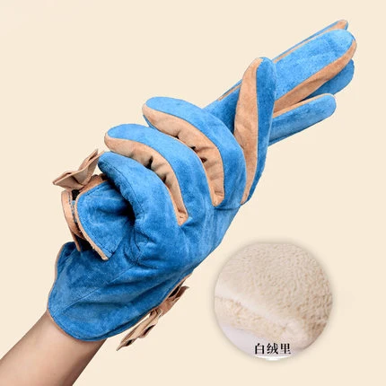 blue Velvet Кожаные перчатки женские перчатки из свиной кожи женские осенние и зимние цветные Модные Холтер плюс бархат толстые милые короткие яркие - Цвет: blue Velvet