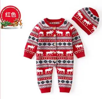 Красный Christmas Baby Romper Deer Knitted Baby Clothes Newborn Baby Boy Girl Clothes Costume Cotton Infant Baby Jumpsuit With Hat - Цвет: Красный