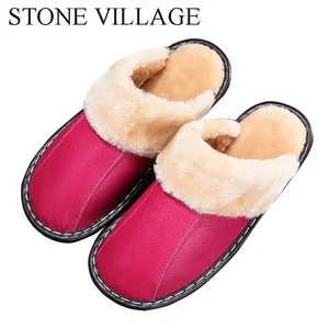 Тапочки из натуральной кожи, теплые плюшевые тапочки, женские зимние домашниеуличные тапочки на плоской подошве, женские домашние тапочки