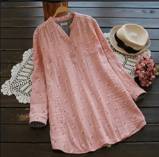 Женская рубашка с длинным рукавом из хлопка и льна|mori girl|autumn womencotton linen |