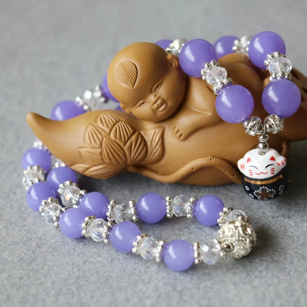 Новый браслет 8 мм с фиолетовыми кристаллами керамический кулон в виде кота