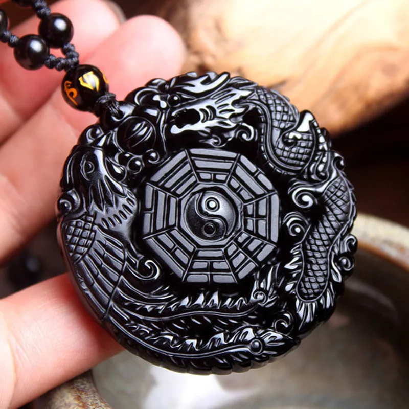 Натуральный черный обсидиан ручная работа китайский дракон Феникс Багуа амулет