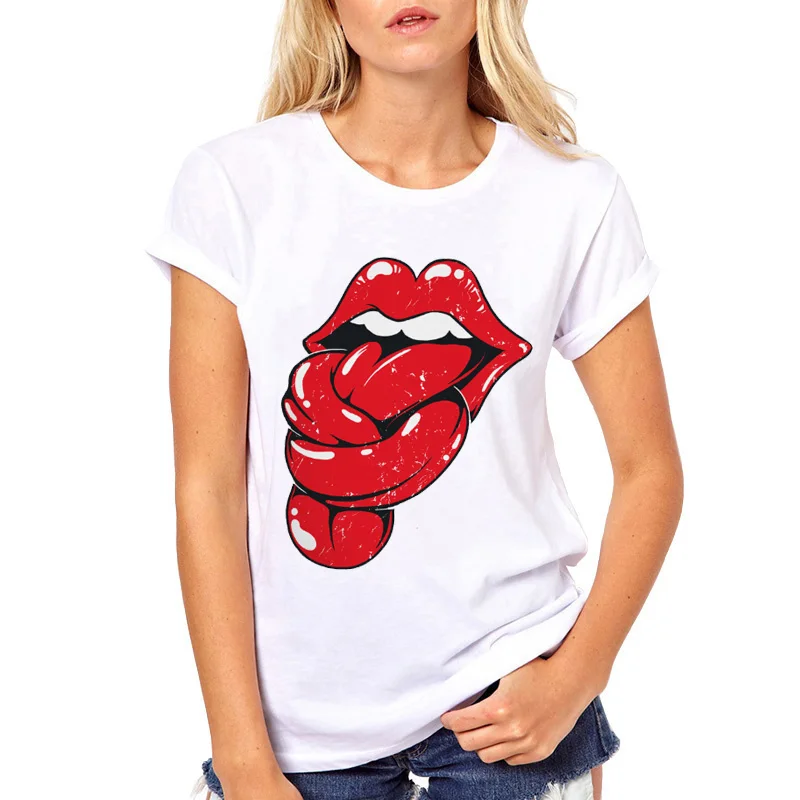 Новая женская летняя футболка сексуальная цветная с рисунком губ модель