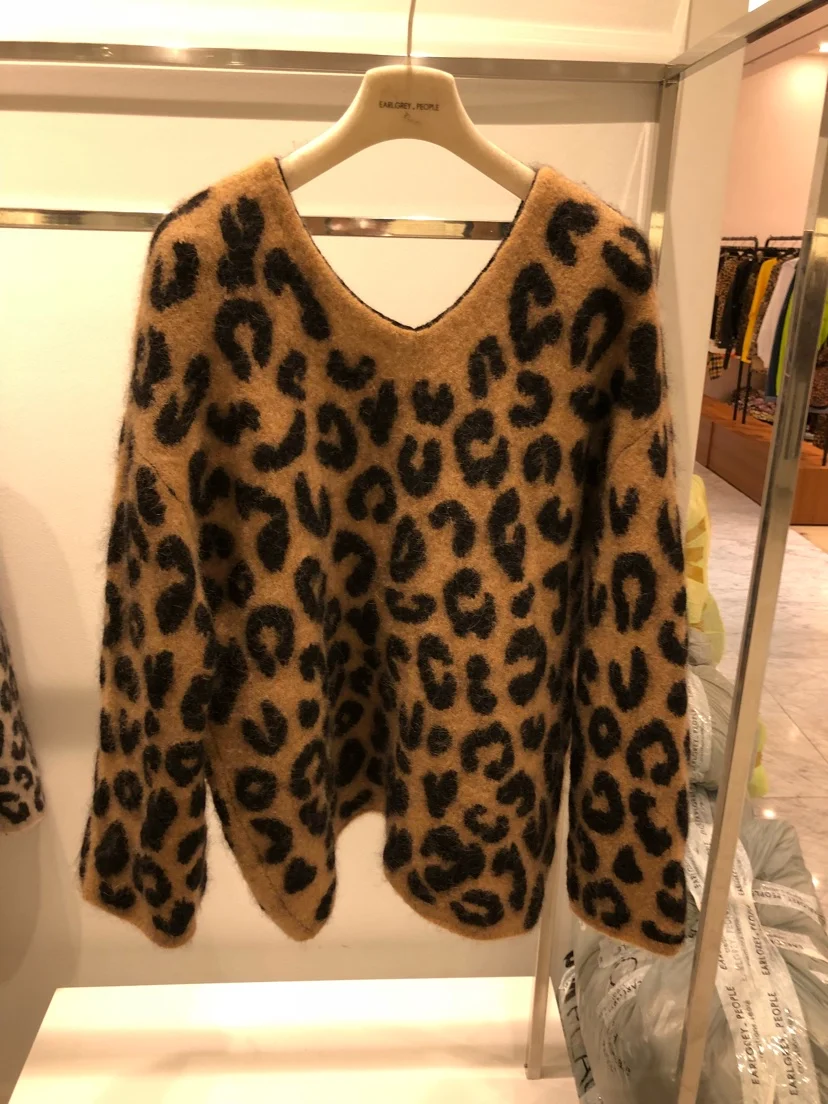 HAMALIEL 2019 New Fall Winter Mink Cashmere Sweater Fashion Women Leopard Print Knitted Casual Thick Warm V Neck Loose Pullover | Женская