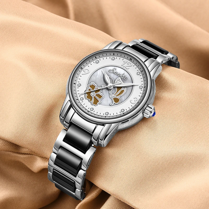 Stainless Steel Ceramic Wristband Watch SUNKTA Top Brand Luxury Women Watches Waterproof Crystal Biamond Watches Women Relogio enlarge