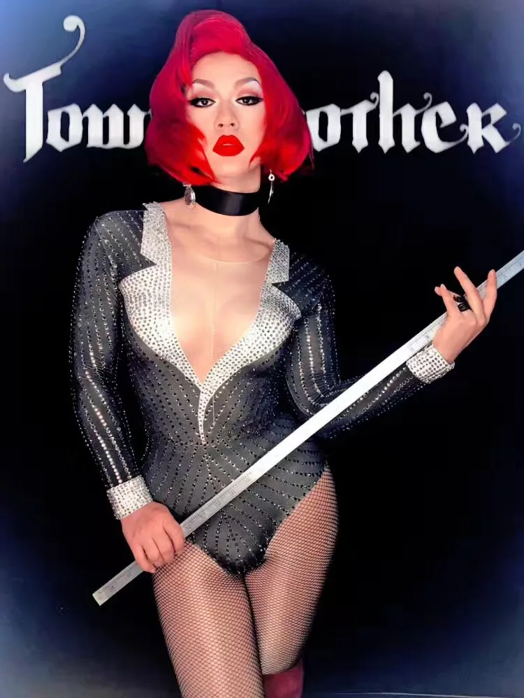 Fashion Glisten Teacher Uniform Costume  rhinestones Bodysuit Women Outfit Diamonds Leotard Birthday Celebrate Occasion Wear