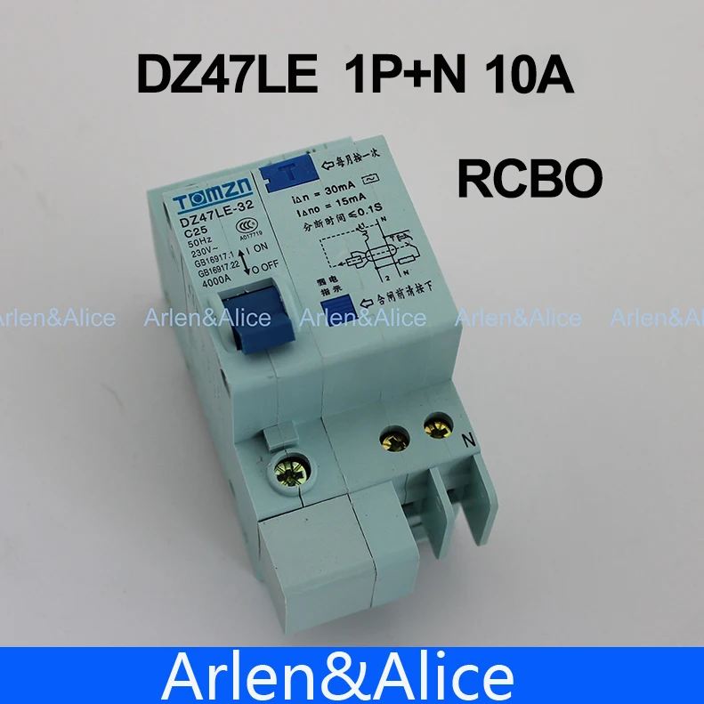 Автоматический выключатель DZ47LE 1P + N 10A C type 230V ~ 50 HZ/60 HZ с защитой от перегрузки по