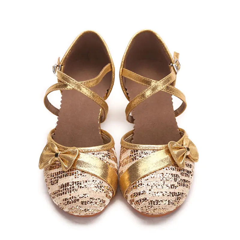 Kids Child Latin Tango Salsa Dance Shoes Red/Gold/Silver Dancing Ballroom Latin Performance Shoes For Women Girls Square Heels