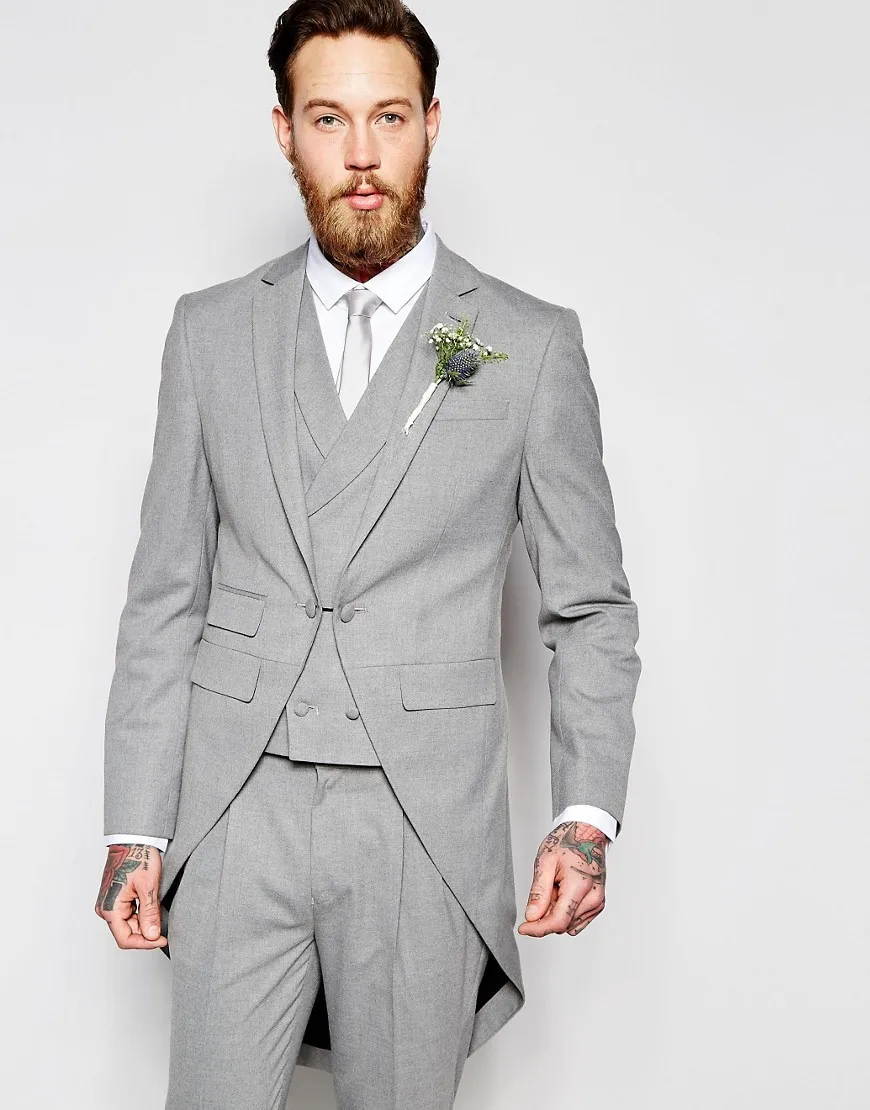 

Latest Coat Pant Designs Light Grey Tailcoat Men Wedding Suits Slim Fit Skinny 3 Piece Tuxedo Groom Custom Prom Blazer Masculino