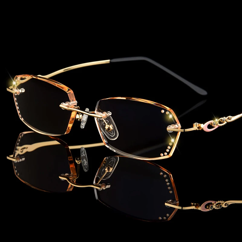 Fashion Rhinestone Reading Glasses magnifier Women Diamond Cutting Rimless Gold Purple Readers Presbyopic Eye D5 | Аксессуары для