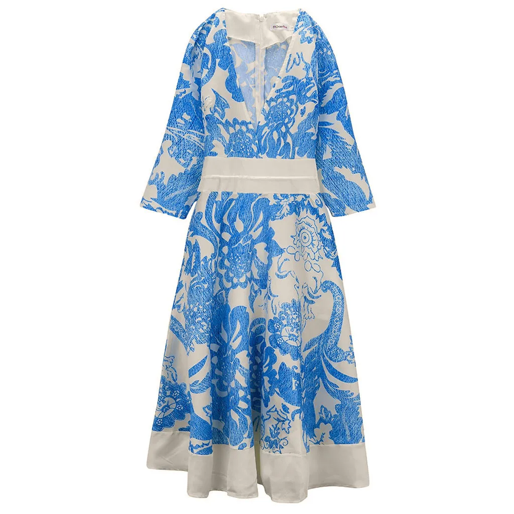 Deep V-Neck Print Vintage Dress Women Half Sleeve High Waist Zipper Swing Mid-Calf Dress Retro Female Party Dress