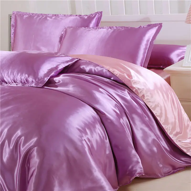 HOT! pure satin silk bedding set，Home Textile King size bed set， bed clothes， duvet cover ，flat sheet ，pillowcases ，Wholesa - Цвет: Lavender--Light pink