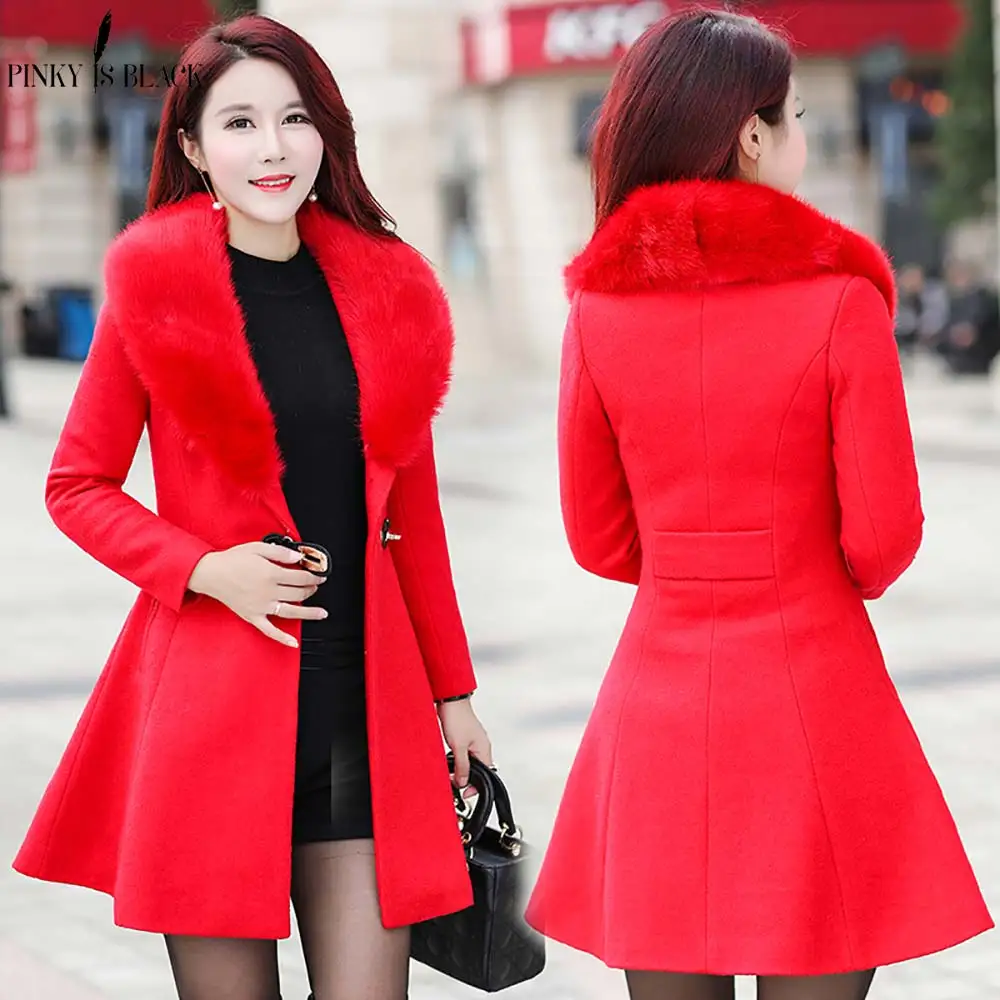 PinkyIsblack Autumn Winter Wool Coat Women Ruffles Wool Blend Coat and Jacket Removable Fur Collar Trench Jacket Mujer Invierno