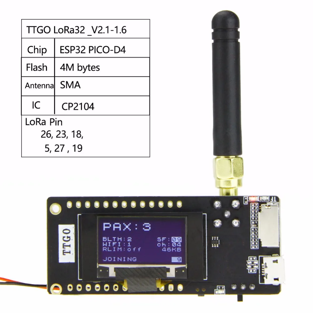 

TTGO ESP32 - Paxcounter LoRa32 V2.1 _ 1,6 версия 433/868/915 МГц LoRa ESP-32 OLED 0,96 дюймовая SD карта Bluetooth WI-FI модуль SMA