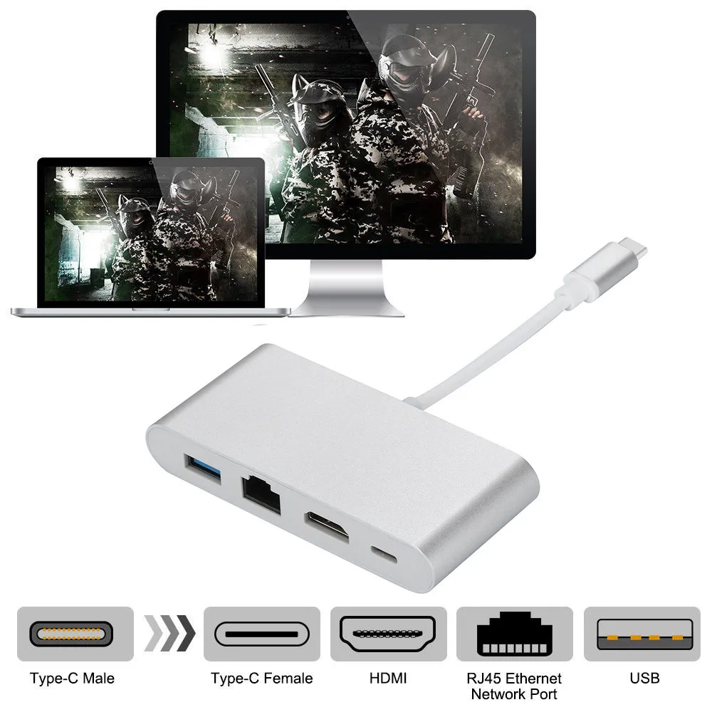 USB C To HDMI 4K + RJ45 LAN Network 3.0 Type Adapter Converter AC1403 Ethernet Card For MacBook | Компьютеры и офис