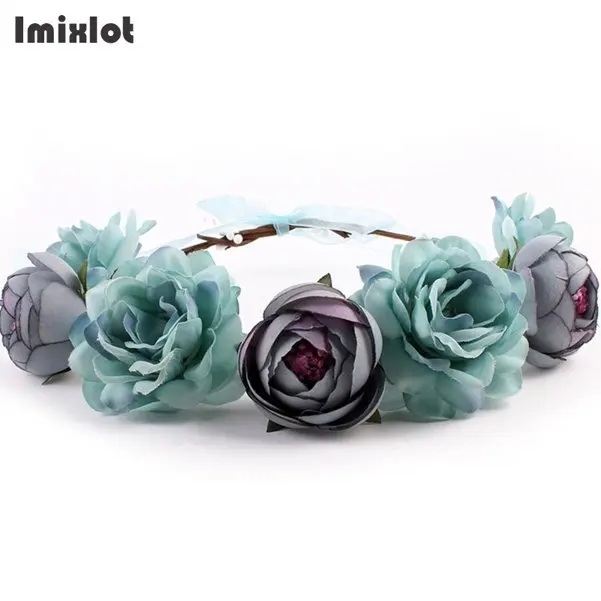 Imixlot, Женская Цветочная корона, лента для волос, свадебная Цветочная повязка на голову, лента-гирлянда, бант для девочек, цветочный венок, Эластичные аксессуары для волос - Цвет: 01
