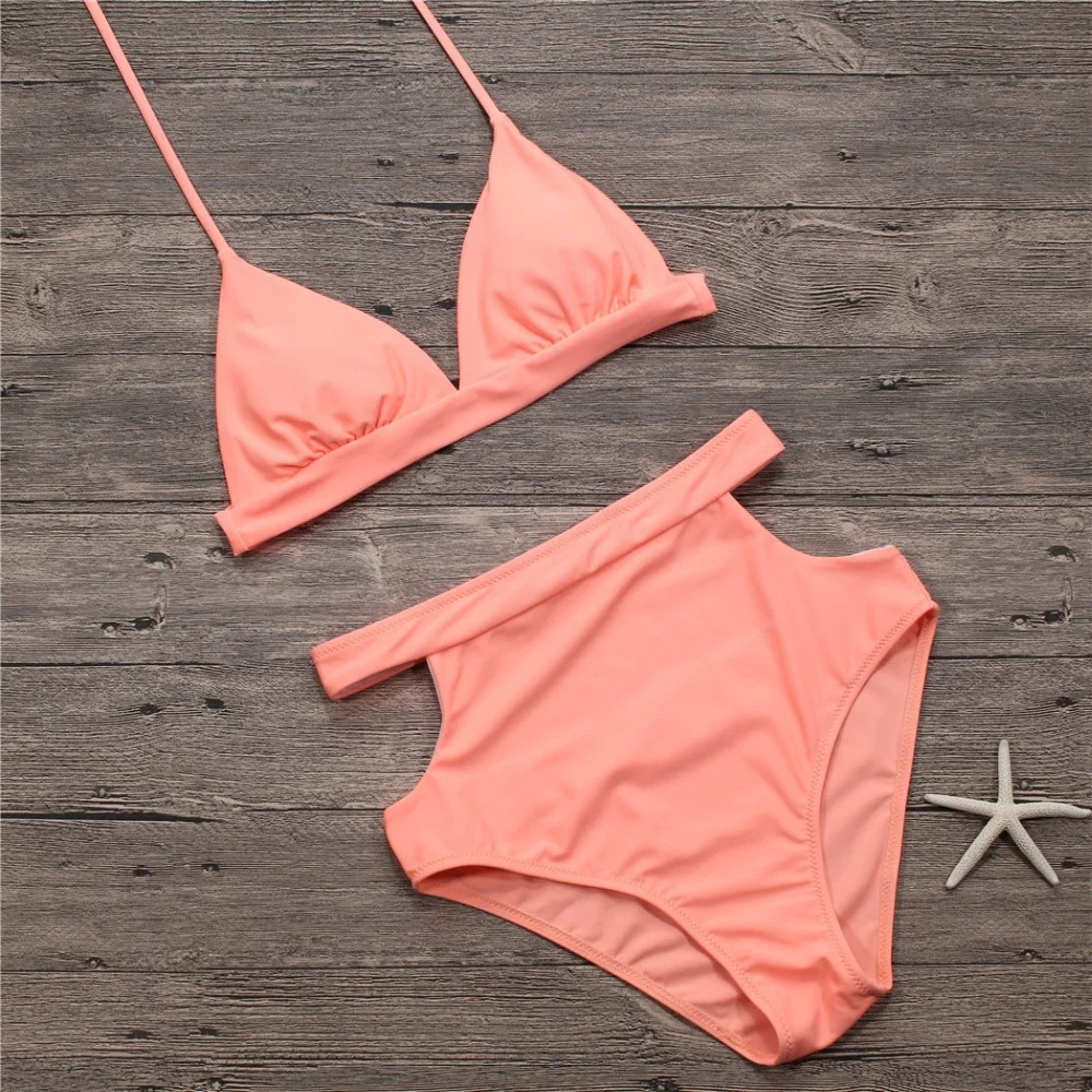 2018 Women Plus Size Sexy Bikini Set High Waist Swimsuit Female Solid Colors Bikinis Two Pieces Backless Bathing Suit 2XL | Женская