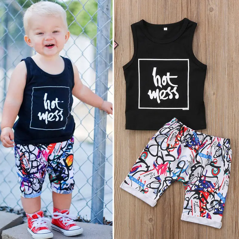 2018 Newborn Kid Baby Boys Outfit Sleeveless Letters Hot Mess Black Clothes T-shirt Tops+Short Trousers Set Summer Clothing |