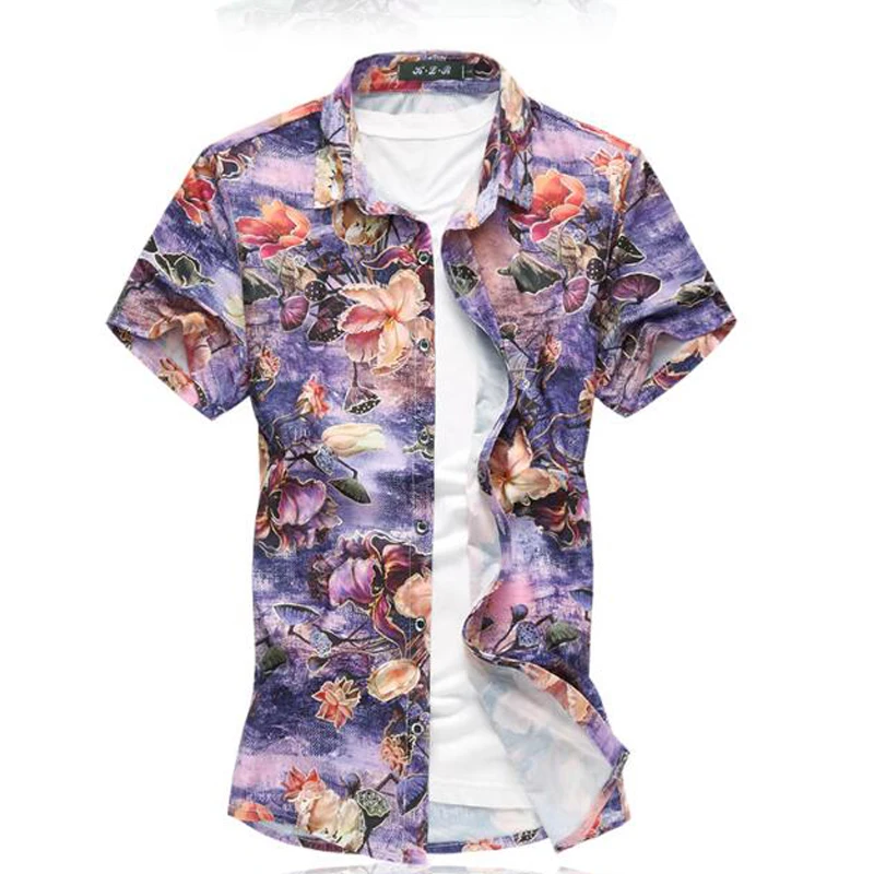 Новая летняя мода Мужская рубашка Slim Fit короткий рукав Футболка с цветочным