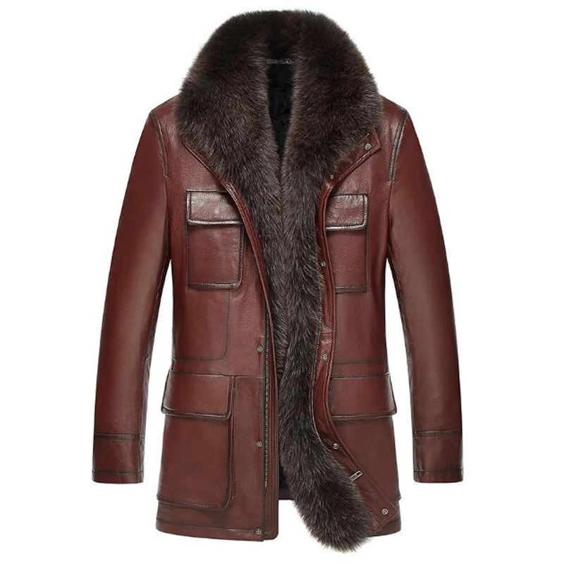 Для мужчин меху пальто большой Лисий меховой воротник зима длинная парка для
