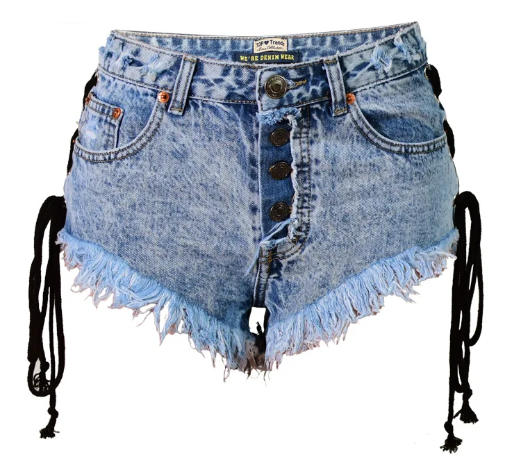 

New Europe and the United States women's worn in summer - breasted Amazon ladies denim shorts shorts bilateral bandage