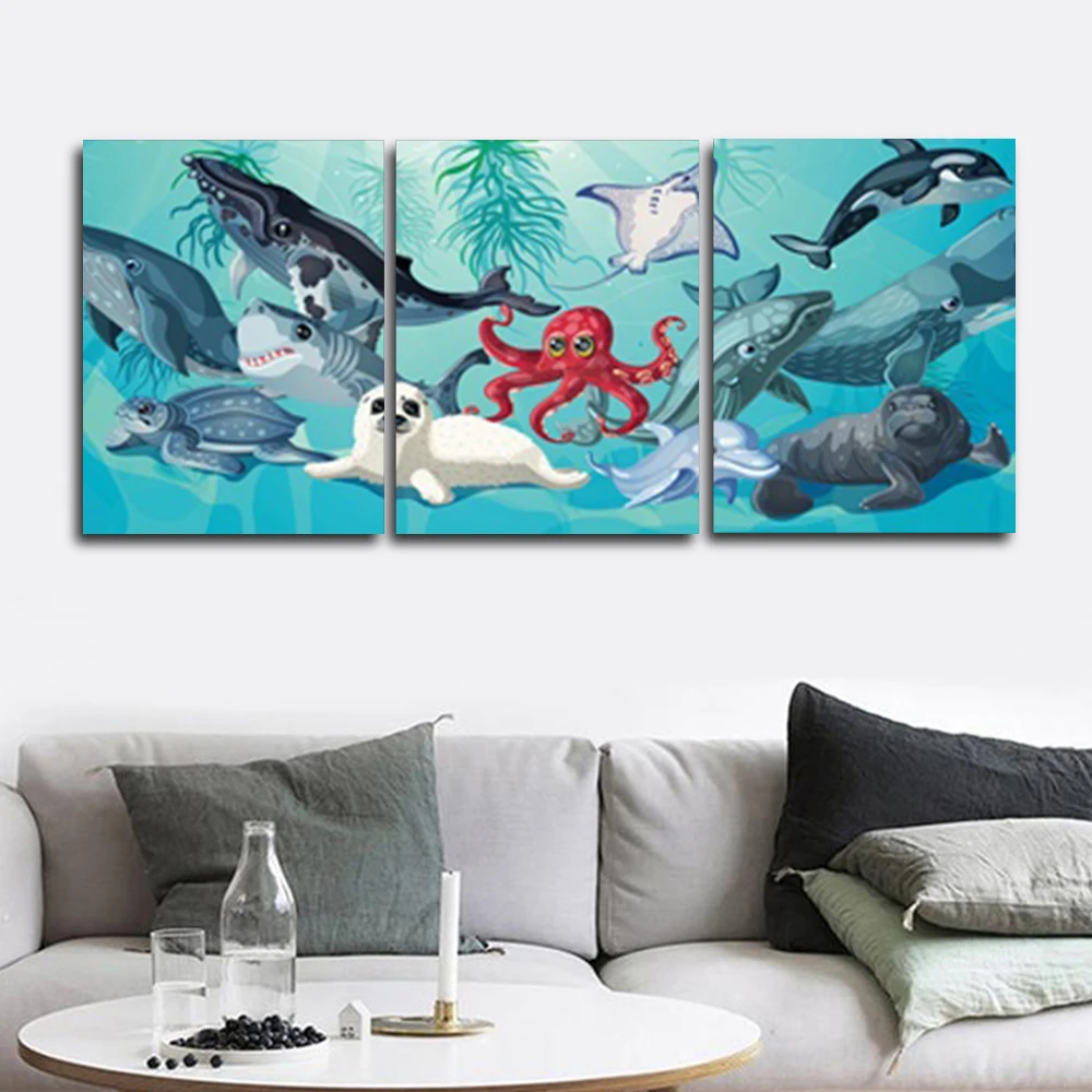 

Laeacco Canvas Calligraphy Painting 3 Panel Cartoon Octopus Seal Sea Animals Posters and Prints Wall Art Living Room Home Decor