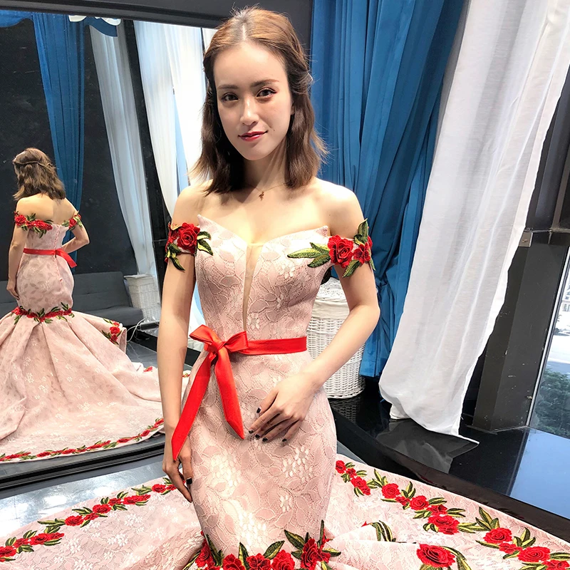 J66737 jancember mermaid evening dress V-neck off the shoulder floor length with train ladies party dress vestido de soiree 2019
