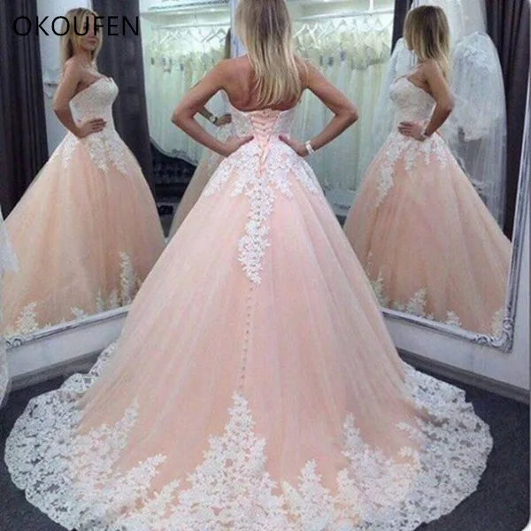 OKOUFEN Quinceanera платья 2021 светильник розовые милые 16 Бальные тюлевые для отладки