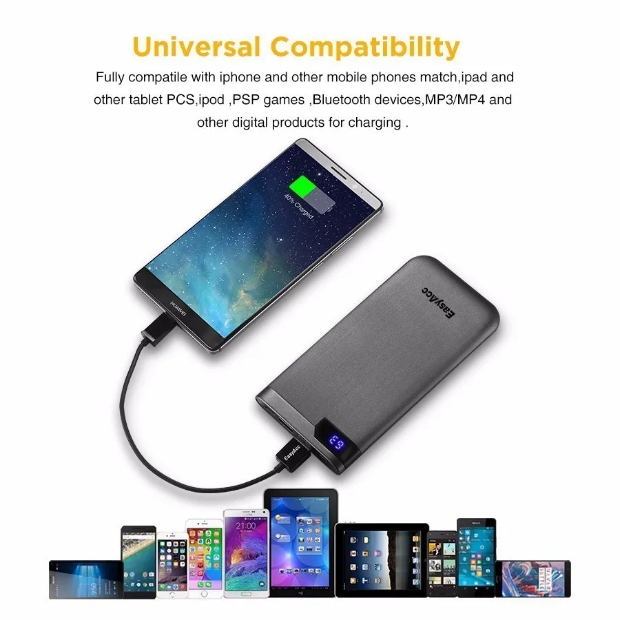 Easyacc 5 V/2.1A 2-Порты 10000 мА/ч, Мощность аккумулятор ультратонкий Портативный внешний Батарея Зарядное устройство для смартфонов Мощность/ч, тонкое Зарядное устройство